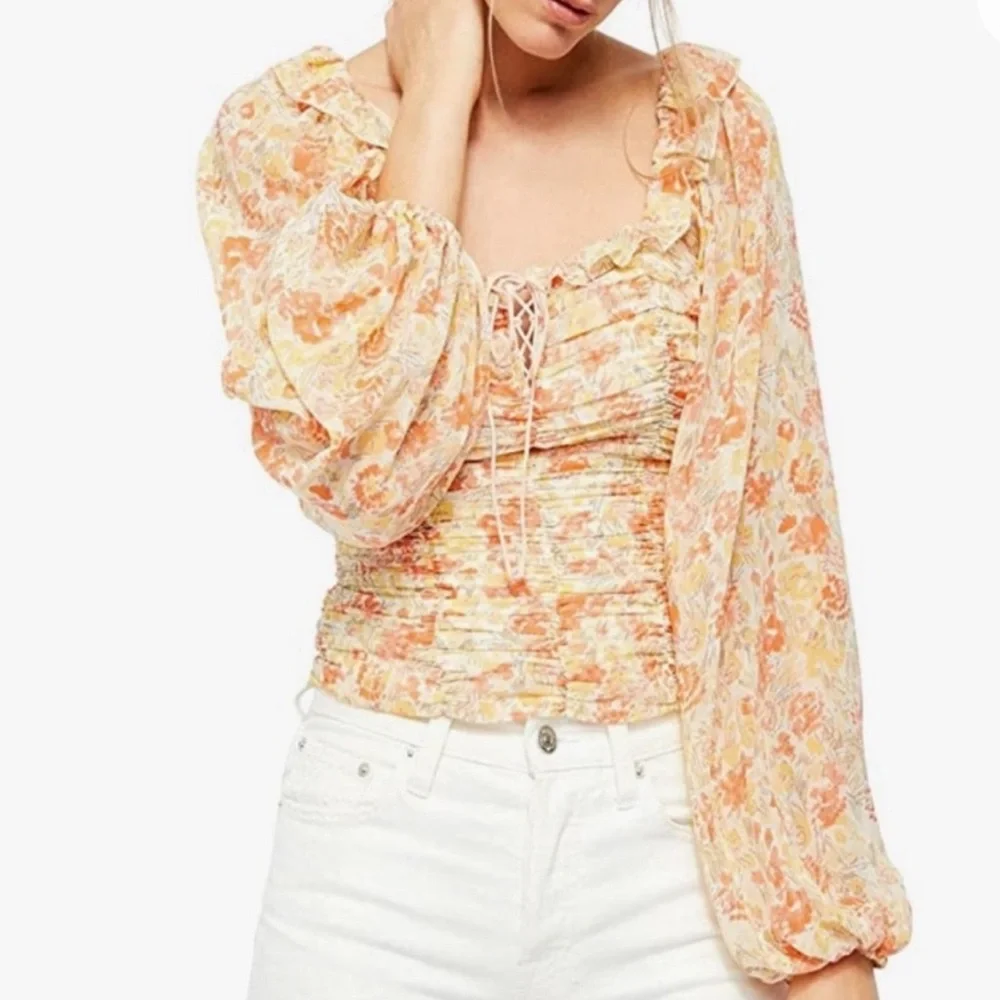 FREE PEOPLE Mabel Floral Print Yellow Orange Ruched Long Sleeve Top Bohemian XS - Picture 3 of 12